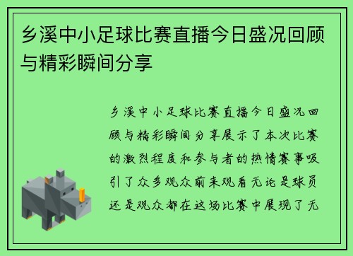 乡溪中小足球比赛直播今日盛况回顾与精彩瞬间分享